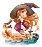  ass bare_shoulders breasts brown_hair chibi detached_sleeves dragon's_crown dress fire hat hirai_yukio long_hair medium_breasts red_eyes side_slit skull solo sorceress_(dragon's_crown) staff strapless strapless_dress sword weapon witch_hat 