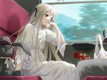  eating food kasugano_sora long_hair rabbit toy train white_dress white_hair window yosuga_no_sora 