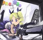  bad_id bad_pixiv_id balloon blonde_hair blue_eyes book camera drill_hair eating gua gun highres lying metal_gear_(series) metal_gear_solid on_stomach pantyhose parody profanity psg-1 reading rifle school_uniform scope serafuku sniper_rifle solo twintails watch weapon 