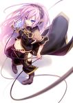  blue_eyes boots from_above full_body headphones long_hair megurine_luka microphone midriff navel nilitsu open_mouth pink_hair simple_background skirt solo thighhighs vintage_microphone vocaloid 