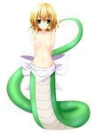  blonde_hair breasts green_eyes highres lamia monster_girl nipples original short_hair small_breasts solo topless yoye_(pastel_white) 