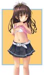  belt blush bra brown_hair flat_chest hair_bobbles hair_ornament lingerie long_hair navel orange_(meitoku) skirt solo to_love-ru underwear undressing yellow_eyes yuuki_mikan 