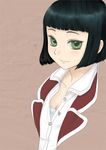  ? black_hair blush breasts cleavage gisele_alain gisele_alain_(character) green_eyes lost_july medium_breasts short_hair smile solo 