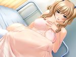  ayanojou_reiko bed bed_sheet blonde_hair blue_eyes blush bra covering dutch_angle game_cg hair_bobbles hair_ornament hospital_bed indoors lingerie lying queen_bonjourno sano_toshihide see-through solo twintails underwear 