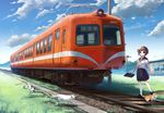  black_skirt brown_hair cat cloud day ground_vehicle looking_at_viewer naox original outdoors railroad_tracks rope scenery school_uniform short_hair skirt sky socks solo standing train white_legwear 