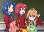  aisaka_taiga apron blue_eyes brown_hair chalkboard face kawashima_ami kushieda_minori long_hair looking_back mouth_hold multiple_girls open_mouth ponytail purple_eyes red_hair school_uniform short_hair toradora! wingheart 