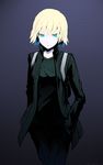  androgynous aqua_eyes arsenixc bad_deviantart_id bad_id black_jacket blonde_hair blue_background green_eyes highres jacket long_sleeves looking_at_viewer multicolored multicolored_eyes open_clothes open_jacket original pants short_hair simple_background solo 