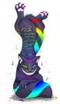  alice_in_wonderland ambiguous_gender cheshire_cat fangs heterochromia hindpaw knaveofclubs looking_at_viewer pawpads paws plain_background rainbow smile stripes whiskers white_background 