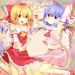  armpits arms_up ascot ayu_maron bad_id bad_pixiv_id bare_shoulders blonde_hair blue_hair bow cosplay detached_sleeves fang flandre_scarlet hair_bow hair_tubes hakurei_reimu hakurei_reimu_(cosplay) highres midriff multiple_girls ofuda red_eyes remilia_scarlet short_hair siblings side_ponytail sisters touhou wings 