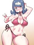  1girl absurdres bikini blue_eyes blue_hair breasts cleavage creatures_(company) eyebrows game_freak gradient gradient_background highres kenron_toqueen large_breasts long_hair matching_hair/eyes milf mouth_hold nintendo pokemon pokemon_(anime) pokemon_sm_(anime) ponytail smile solo suiren&#039;s_mother_(pokemon) swimsuit tied_hair white_background 