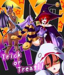  3girls back black_hair bow cape dark_skin demon_girl demon_tail demon_wings halloween hat hood horns long_sleeves looking_back oshiri posterior_cleavage purple_hair red_eyes red_hair ribbon shirt shoes skirt striped_thighhighs tagme tail thighhighs witch_hat 
