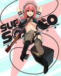  amplifier bad_id bad_pixiv_id boots breasts brown_eyes electric_guitar fishnet_legwear fishnets guitar headphones highres instrument large_breasts long_hair marshall nitroplus open_mouth pink_hair shorts solo super_sonico tef thighhighs 