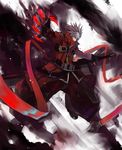  belt black_gloves black_pants blazblue claws coat devoured_by_darkness full_body gloves gond left-handed male_focus multicolored_hair pants ragna_the_bloodedge red_eyes red_hair silver_hair smoke solo spiked_hair sword weapon 