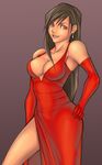  arcbuncle bad_id bad_pixiv_id breasts brown_eyes brown_hair cleavage dress earrings elbow_gloves evening_gown final_fantasy final_fantasy_vii gloves highres jewelry large_breasts long_hair no_bra side_slit simple_background slender solo thighs tifa_lockhart 
