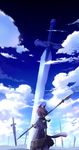  bag bracelet cloud huge_sword huge_weapon jewelry kemonomimi mochizuki_saku polearm ring short_hair size_difference sky spear sword tail weapon 