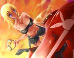  aircraft airplane bandeau blue_eyes breasts charlotte_e_yeager cleavage cloud dr_rex dutch_angle goggles holding insignia large_breasts long_hair orange_hair short_shorts shorts sky smile standing strike_witches sunset world_witches_series 