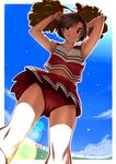  armpits arms_up brown_hair cheerleader cloud day dutch_angle from_below lens_flare navel original panties pleated_skirt pom_poms purple_eyes short_hair skirt smile solo sweat twinpoo underwear 