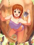  blush bucket camisole digging dirt hagiwara_yukiho idolmaster idolmaster_(classic) open_mouth pettan_p rope short_hair smile solo trowel 