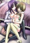  akazaki_yasuma nipples open_shirt oppai pantsu pantyhose thighhighs yuri 