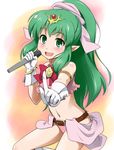 :d bare_shoulders belt blush bow bracelet chiki fang fire_emblem fire_emblem:_monshou_no_nazo gloves green_eyes green_hair hair_ornament idol jewelry long_hair mamkute microphone navel open_mouth panties pointy_ears ponytail smile solo underwear youkan 