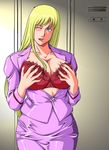  akimoto_katherine_reiko blazer blonde_hair bra breast_hold breast_squeeze breasts casual cleavage formal garakuta-ya green_eyes highres huge_breasts kochikame lingerie locker long_hair long_nails milf nail_polish one_eye_closed open_shirt red_bra solo standing tongue tongue_out undressing wink 