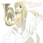  angel blonde_hair blue_eyes blush check_translation dress euphonium face halo instrument long_hair looking_back open_mouth original sketch sleeveless solo sweatdrop translated translation_request tuba wings yudepii 