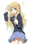  arm_up bad_id bad_pixiv_id blazer blonde_hair blue_eyes blush eyebrows jacket k-on! kotobuki_tsumugi long_hair looking_back mochi.f open_mouth panties pantyshot round_teeth school_uniform solo teeth thick_eyebrows underwear upskirt white_panties 