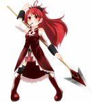  bare_shoulders black_legwear boots bow food full_body hair_bow long_hair magical_girl mahou_shoujo_madoka_magica pocky polearm ponytail red_eyes red_hair sakura_kyouko simple_background solo spear thighhighs weapon white_background wk_(low-f) zettai_ryouiki 