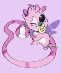  2018 alien antennae babyfier black_eyes blue_nose by-nc-nd chest_tuft creative_commons digital_drawing_(artwork) digital_media_(artwork) disney experiment_(species) fur hi_res insect_wings lilo_and_stitch long_tail looking_at_viewer one_eye_closed pacifier pink_background pink_fur pink_theme purple_wings raised_inner_eyebrows rattle simple_background smile sugarcookles tuft watermark wings 