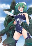 :d armor bangs bare_shoulders blue_legwear blue_leotard breastplate breasts breasts_apart cloud covered_nipples cowboy_shot day faulds gauntlets glasses greaves green_eyes green_hair hair_between_eyes hairband halterneck hand_on_own_chest happy headgear impossible_clothes impossible_leotard infinite_stratos kazuma_muramasa large_breasts legs_apart leotard looking_at_viewer mecha_musume neon_trim open_mouth outdoors pelvic_curtain pilot_suit rafale_revive semi-rimless_eyewear shiny shiny_clothes short_hair skin_tight sky smile solo thighhighs turtleneck under-rim_eyewear yamada_maya_(infinite_stratos) 