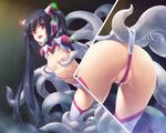  arm_held_back black_hair bodysuit breasts censored highres long_hair mosaic_censoring nipples open_mouth original panties perky_breasts pussy pussy_juice rape red_eyes restrained small_breasts solo squid tentacles thighhighs torn_clothes twintails underwear wacchi 