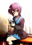  bangs blush book highres kita_high_school_uniform minimaru nagato_yuki school_uniform serafuku short_hair solo suzumiya_haruhi_no_yuuutsu 