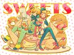  1girl 7:24 bare_shoulders blonde_hair blush brother_and_sister cake candy closed_eyes cookie dress eating elbow_gloves fingerless_gloves food fork fruit gloves hair_ornament hair_ribbon hairclip kagamine_len kagamine_rin open_mouth ribbon short_hair siblings sitting skirt strawberry sweets thighhighs twins vocaloid 