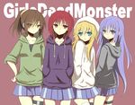  angel_beats! blonde_hair blue_eyes brown_eyes brown_hair girls_dead_monster highres hisako_(angel_beats!) hood hoodie irie_(angel_beats!) iwasawa long_hair multiple_girls nakamura_hinato ponytail purple_eyes purple_hair red_eyes red_hair sekine short_hair skirt sleeves_rolled_up 