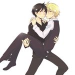  black_hair blonde_hair cuddle cuddling durarara!! heiwajima_shizuo orihara_izaya red_eyes yaoi 