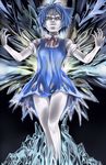  asanagi blue_hair bow cirno culdcept ice miniskirt pale_skin parody skirt solo style_parody thigh_gap touhou 