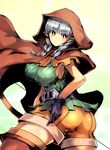  ass belt bow_(weapon) braid breasts cape cloak covered_nipples dragon's_crown elf elf_(dragon's_crown) frown gloves grey_hair highres hood large_breasts long_hair looking_back orange_eyes pointy_ears red_eyes sentarou shorts sideboob solo thighhighs thighs weapon 