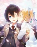  1girl :d ;d arm_hug black_hair blazer blonde_hair blue_eyes blush character_request cheek_kiss cherry_blossoms closed_eyes copyright_request face hand_on_shoulder jacket kiss necktie one_eye_closed open_mouth petals profile shirabi short_hair smile twintails 