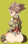  armor ass brown_hair copyright_request elbow_pads from_behind green_background looking_back mota no_pants open_mouth panties red_eyes simple_background sitting solo thong twintails underwear wariza white_panties 