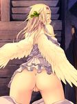  angel angel_wings armlet ass atashi_no_kakedashi_yuusha-sama blonde_hair blush bottomless censored closed_eyes earrings feathered_wings head_wreath highres jewelry long_hair mosaic_censoring no_panties open_mouth pussy shijimi_(osumashi) solo sweat white_wings wings 