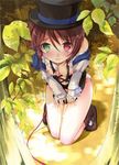  blush breasts brown_hair collar garden hat heterochromia medium_breasts nipples pee peeing reverse_trap rozen_maiden solo souseiseki tears top_hat torn_clothes 