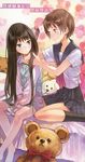  barefoot black_hair blue_eyes brown_eyes brown_hair crease face fixme hair_brush hair_brushing hair_ornament kami-sama_no_memo-chou kishida_mel long_hair multiple_girls official_art pajamas scan school_uniform shinozaki_ayaka shionji_yuuko short_hair stuffed_animal stuffed_toy teddy_bear very_long_hair 