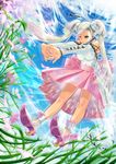  blonde blue_eyes boots breasts cleavage cloud detached_sleeves flower grass hair_ornament high_heels high_res kidou_senkan_nadesico large_breasts long_hair oppai plant shirt skirt sky sleeveless stretch twin_tails white_hair wind wink 
