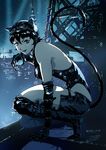  animal_ears belt blue_eyes breasts cat_ears cat_tail catwoman claws dc_comics elbow_gloves gloves goggles helmet highres large_breasts leotard lips santi_casas short_hair smile solo squatting tail 