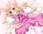  animal_ears arm_up bed blonde blouse blue_eyes blush breasts dress erect_nipples headband kemonomimi large_breasts lying multicolored_eyes on_back oppai pink_thighhighs purple_eyes ribbon shirt thighhighs usamimi 