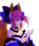  animal_ears bad_id bad_pixiv_id bare_shoulders bow breasts cleavage collar detached_sleeves fate/extra fate_(series) fox_ears fox_tail hair_bow hair_ribbon izru japanese_clothes medium_breasts petals pink_hair ribbon sidelocks smile solo tail tamamo_(fate)_(all) tamamo_no_mae_(fate) twintails yellow_eyes 