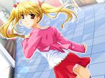  alpha_(yukai_na_nakamatachi) blonde_hair brown_eyes dutch_angle from_behind game_cg long_hair looking_back panties sawachika_eri school_rumble school_x_school skirt smile solo twintails underwear wind wind_lift 