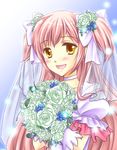 :d :o blush bouquet bow bride choker dress flower gloves hair_bow hair_flower hair_ornament happy kaname_madoka kumarin_(kumakumama) light_particles long_hair magical_girl mahou_shoujo_madoka_magica open_mouth pink_hair puffy_sleeves rose smile solo spoilers two_side_up ultimate_madoka upper_body very_long_hair wedding_dress white_flower white_gloves white_rose yellow_eyes 