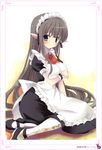  absurdres black_hair breast_hold breasts cleavage copyright_request green_eyes highres large_breasts long_hair maid maid_headdress pantyhose pointy_ears print_legwear shoes sitting solo takashina_masato very_long_hair white_legwear 