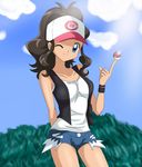  baseball_cap blue_eyes brown_hair denim denim_shorts female_protagonist_(pokemon_b&amp;w) hat long_hair poke_ball pokemon pokemon_(game) pokemon_black_and_white ponytail shorts smile vest wristband 